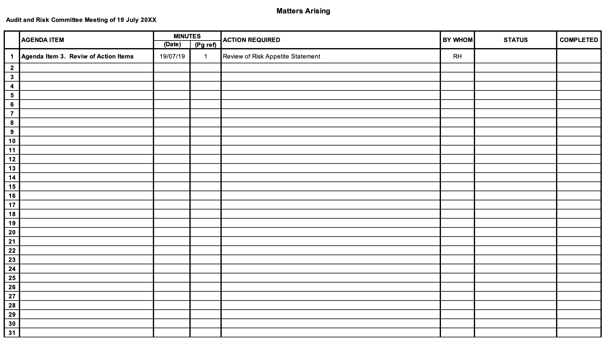 Matters arising excel template | BoardPro