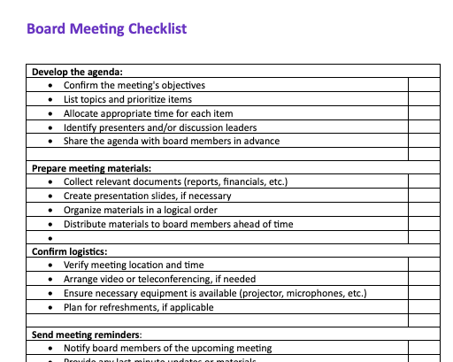 Board meeting checklist